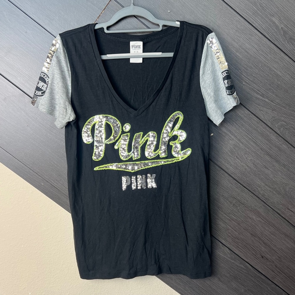 PINK Victoria's Secret Women's Sequin Logo Tee Medium Black Bling Y2K Bling